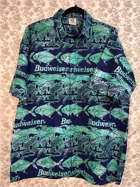 VTG Rum Reggae Budweiser Fish Batik Hawaiian Shirt Size XL Perfect Condition